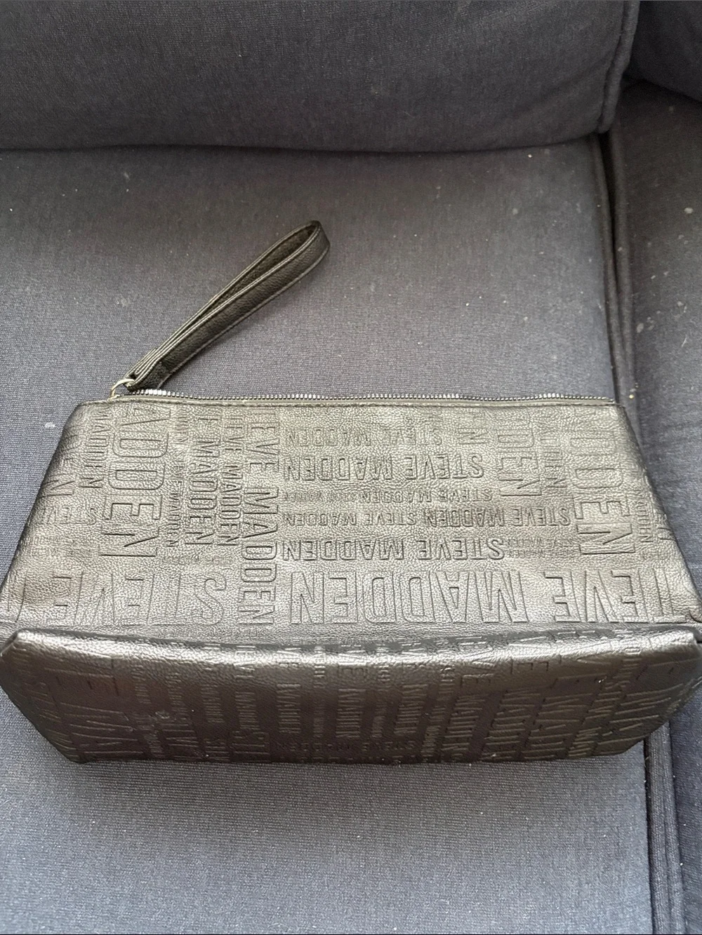 Steve Madden Black Embossed Logo Cosmetic Pouch with Gold Plaque